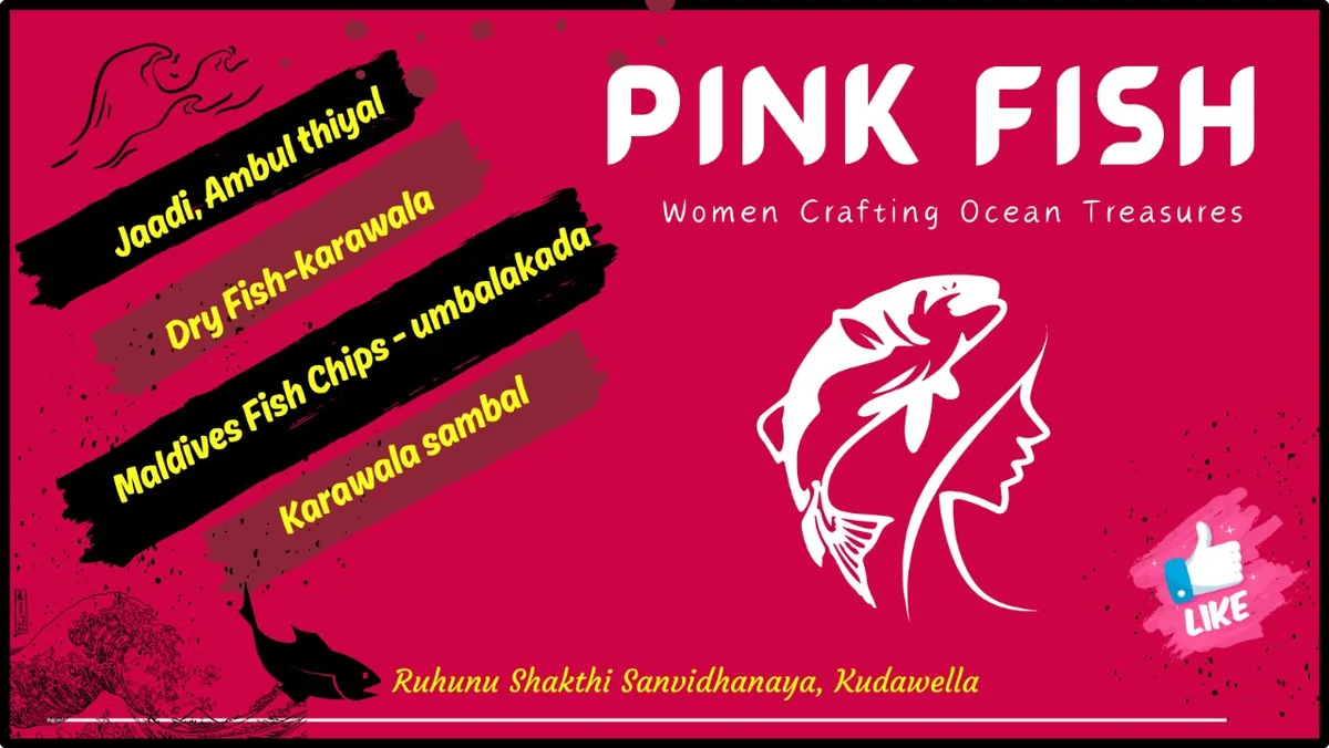 Pink Fish banner listing products from the Ruhunu Shakthi society, Kudawella