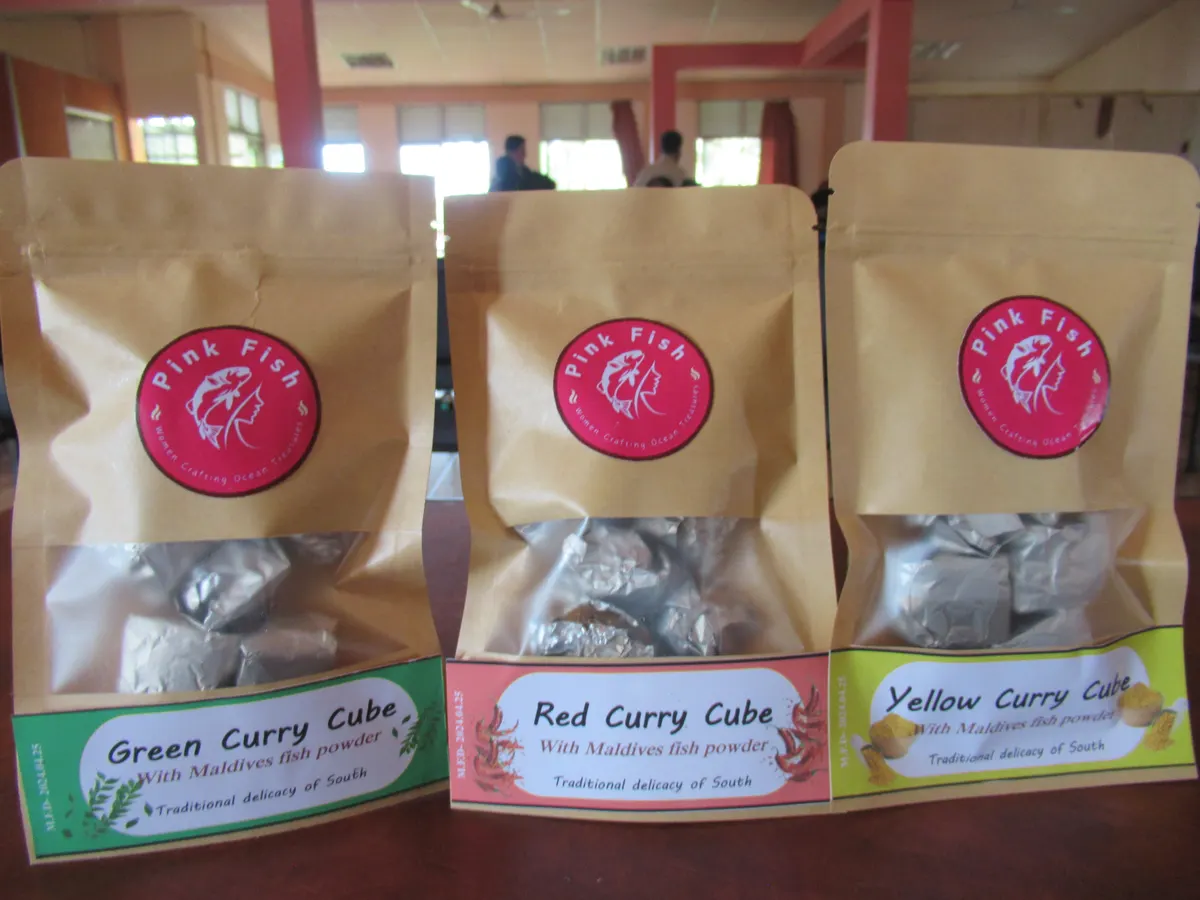 Three Pink Fish packets of green, red and yellow curry cubes